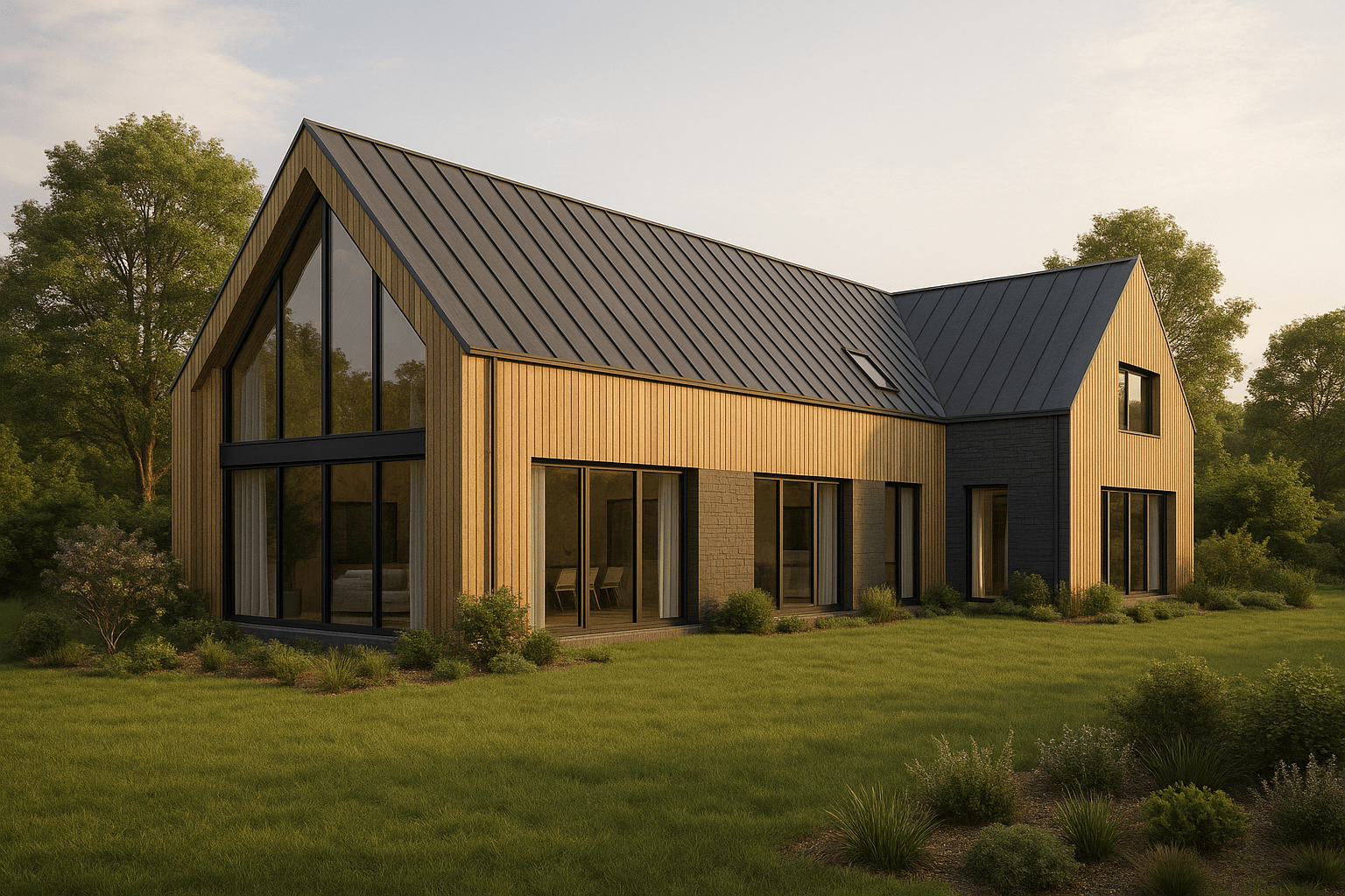 Dom typu stodoła z drewnianą elewacją i czarnym dachem - projekt BRJ-Studio