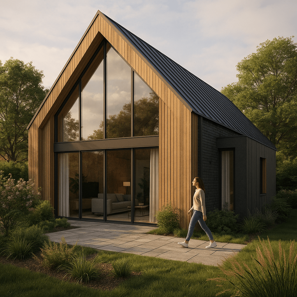 Wizualizacja nowoczesnego domu typu stodoła z drewnianą elewacją i pełną szklaną fasadą, kobieta spaceruje po ogrodowej ścieżce – projekt BRJ-Studio Mińsk Mazowiecki