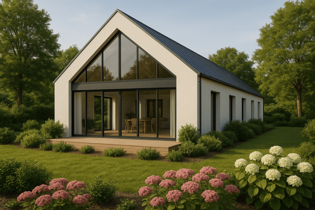 L-kształtny dom stodoła z drewnianą i grafitową elewacją, panoramicznymi oknami oraz obszernym trawnikiem w ogrodzie – wizualizacja BRJ-Studio Mińsk Mazowiecki