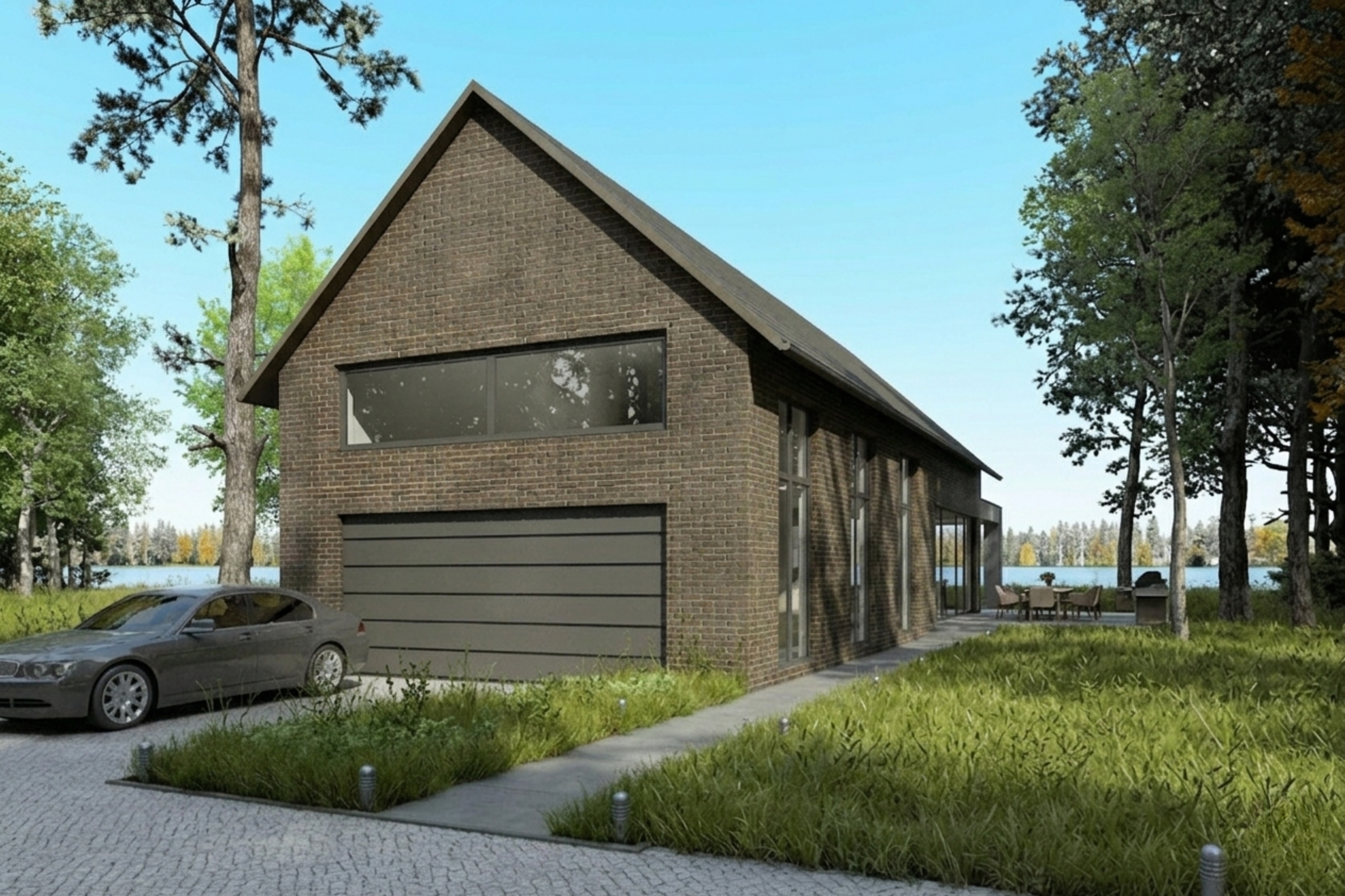 Boczna elewacja domu jednorodzinnego z cegły klinkierowej z garażem, tarasem i panoramicznymi oknami – projekt indywidualny BRJ-Studio nad jeziorem