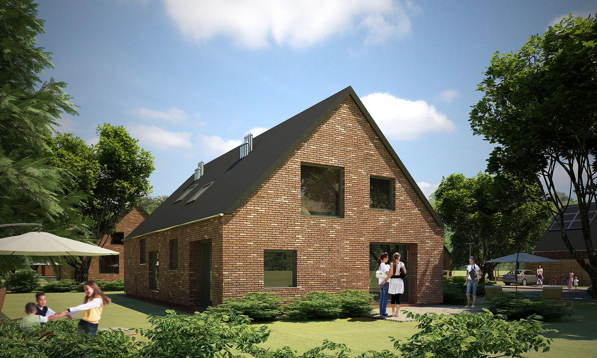 Projekt domu jednorodzinnego z poddaszem użytkowym i elewacją z jasnej cegły – projekt indywidualny BRJ-Studio z ogrodem i tarasem