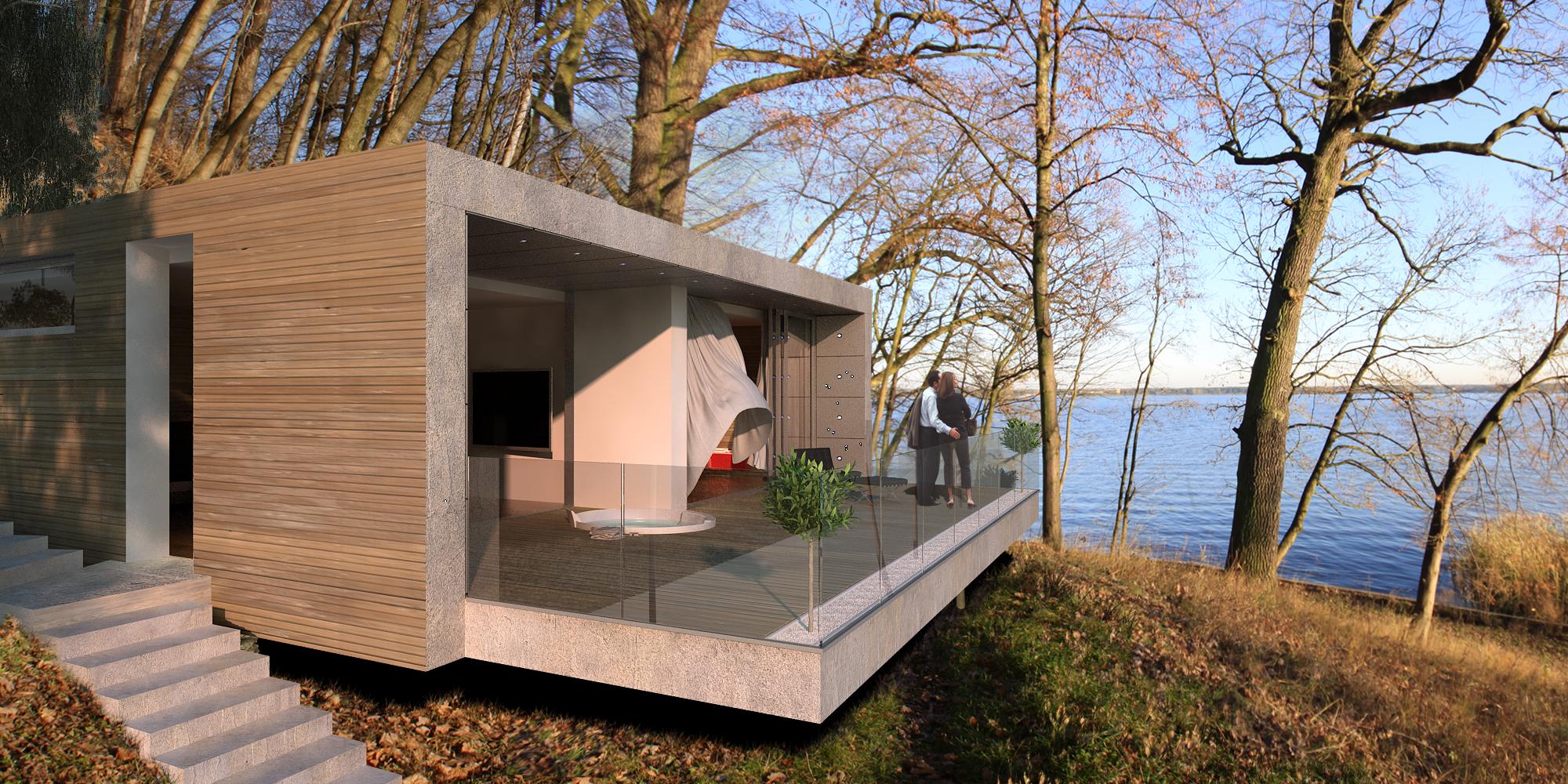 Projekt domu parterowego z drewnianą elewacją i betonem architektonicznym – nowoczesny dom jednorodzinny BRJ-Studio z panoramicznym tarasem nad jeziorem