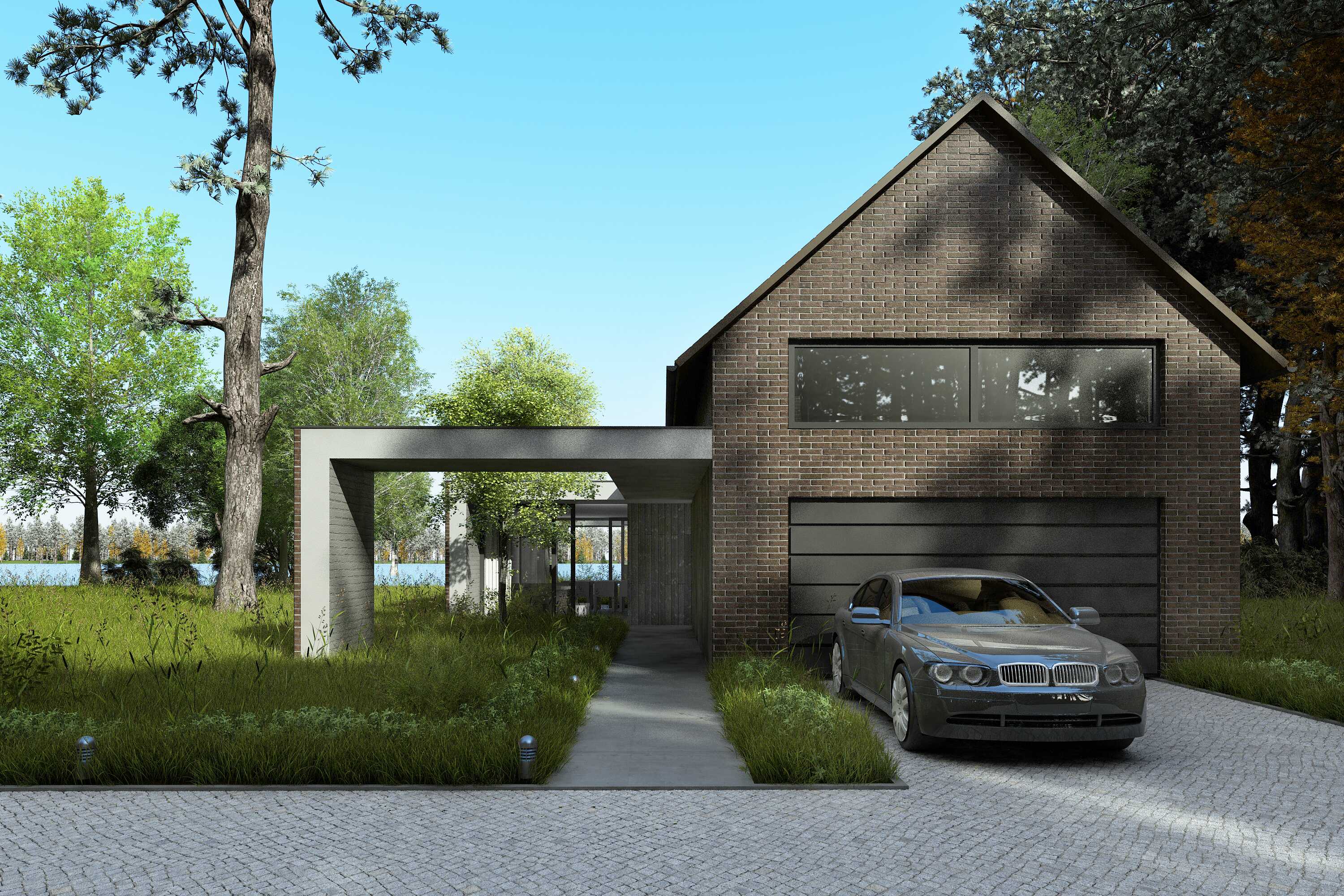Nowoczesny dom jednorodzinny z elewacją z ciemnej cegły klinkierowej, garażem w bryle i minimalistycznym zadaszeniem wejścia - projekt indywidualny BRJ-Studio