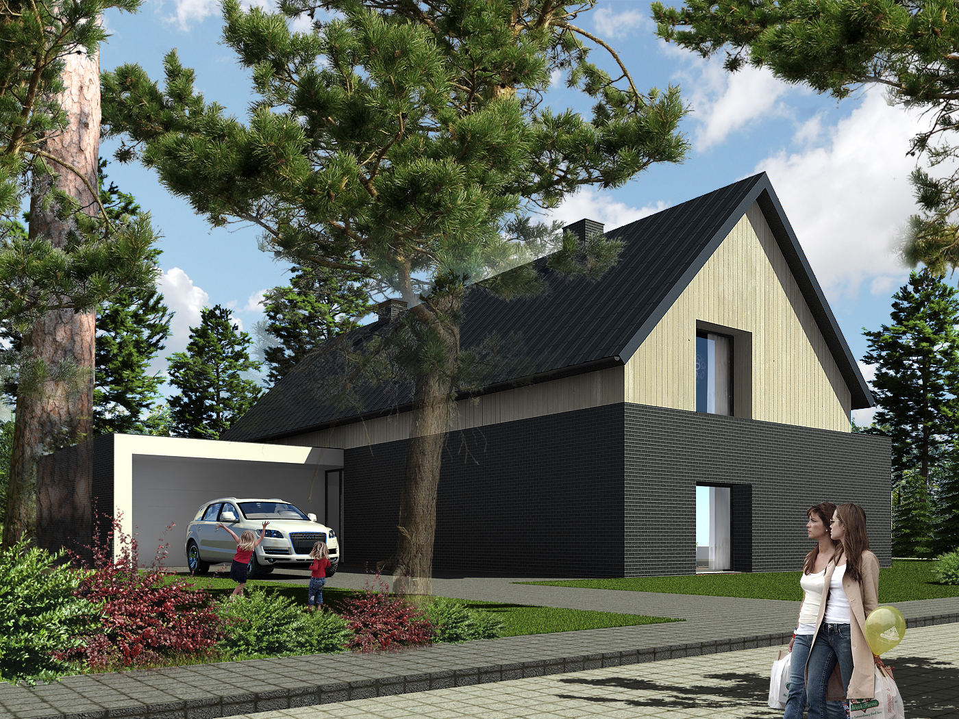 Projekt domu jednorodzinnego z poddaszem użytkowym – ciemna cegła na parterze, jasna okładzina drewniana na szczycie i czarny dach dwuspadowy – projekt indywidualny BRJ-Studio