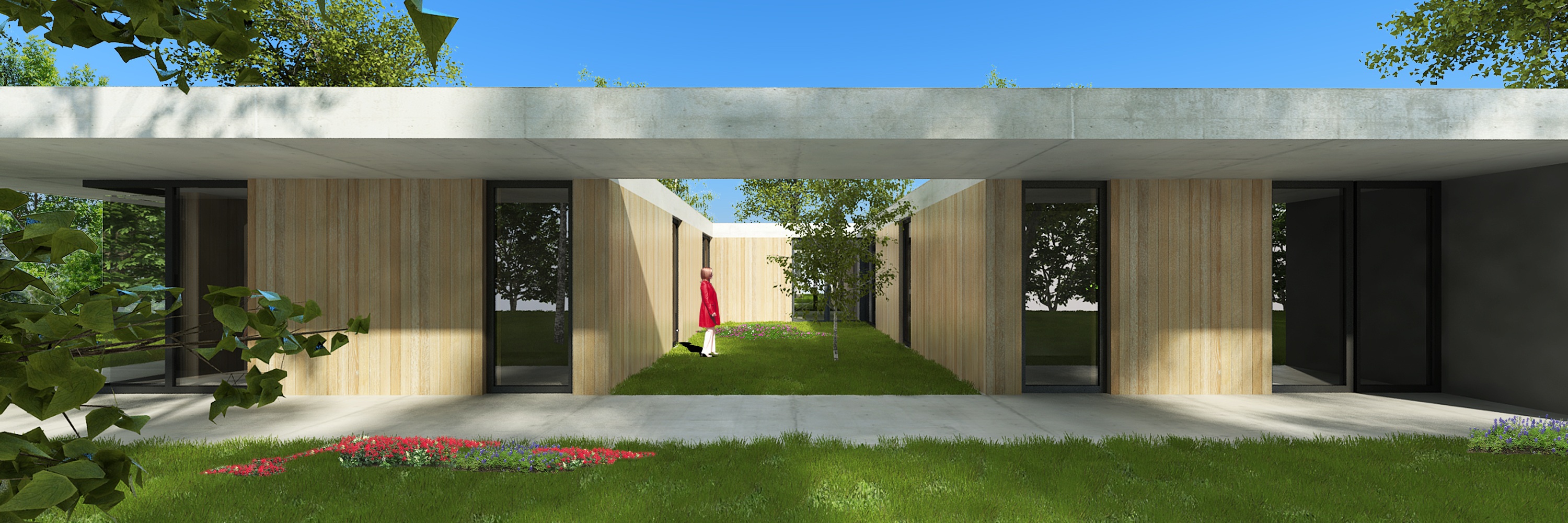 Projekt domu parterowego z wewnętrznym patio i drewnianą elewacją – nowoczesny dom jednorodzinny BRJ-Studio z otwartą przestrzenią między skrzydłami budynku