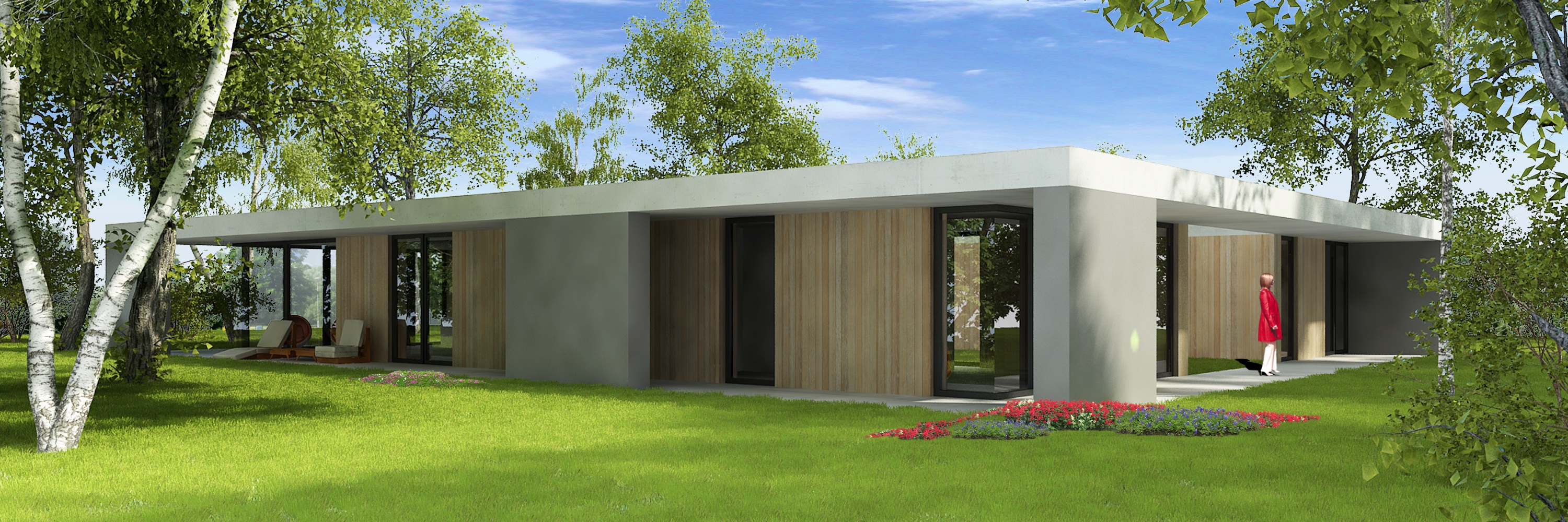 Projekt domu parterowego z płaskim dachem, betonową elewacją i drewnianymi akcentami – nowoczesny dom jednorodzinny BRJ-Studio z panoramicznymi przeszkleniami i ogrodem