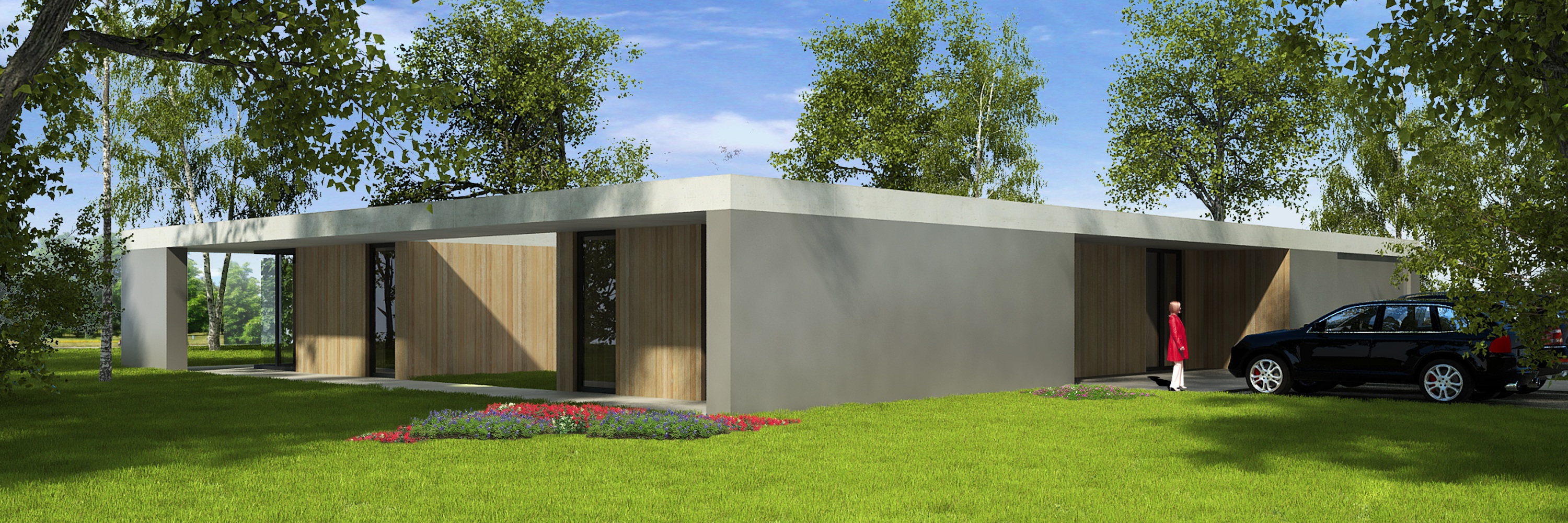 Projekt domu parterowego z płaskim dachem i elewacją z betonu architektonicznego – nowoczesny dom jednorodzinny BRJ-Studio z drewnianymi akcentami i przeszkleniami