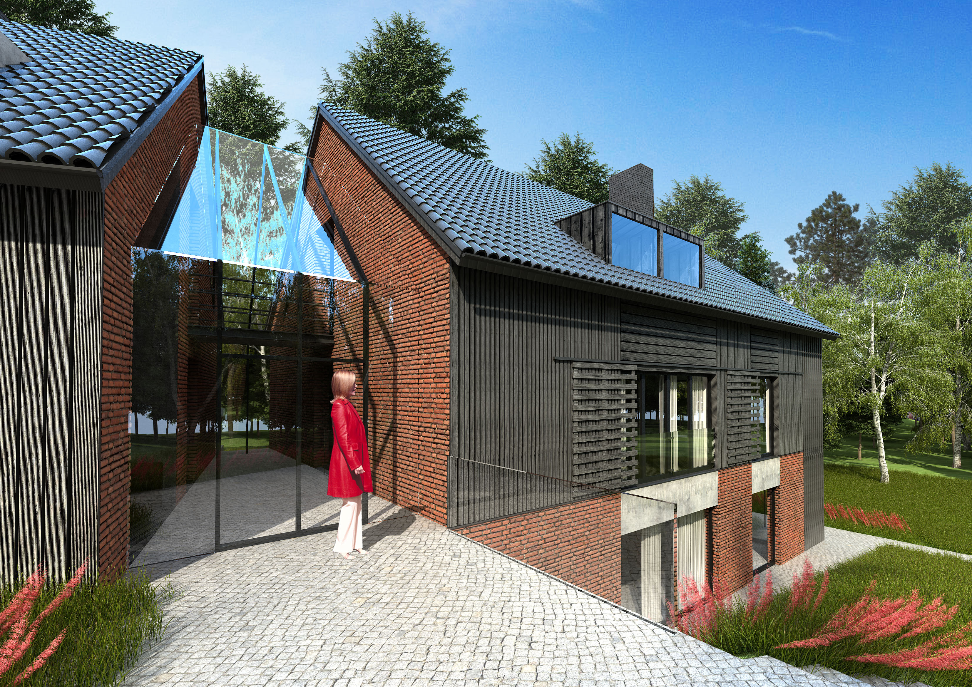 Projekt domu jednorodzinnego na skarpie – szklane zadaszenie wejścia, cegła i ciemna okładzina drewniana – indywidualny projekt domu BRJ-Studio z efektowną strefą wejściową