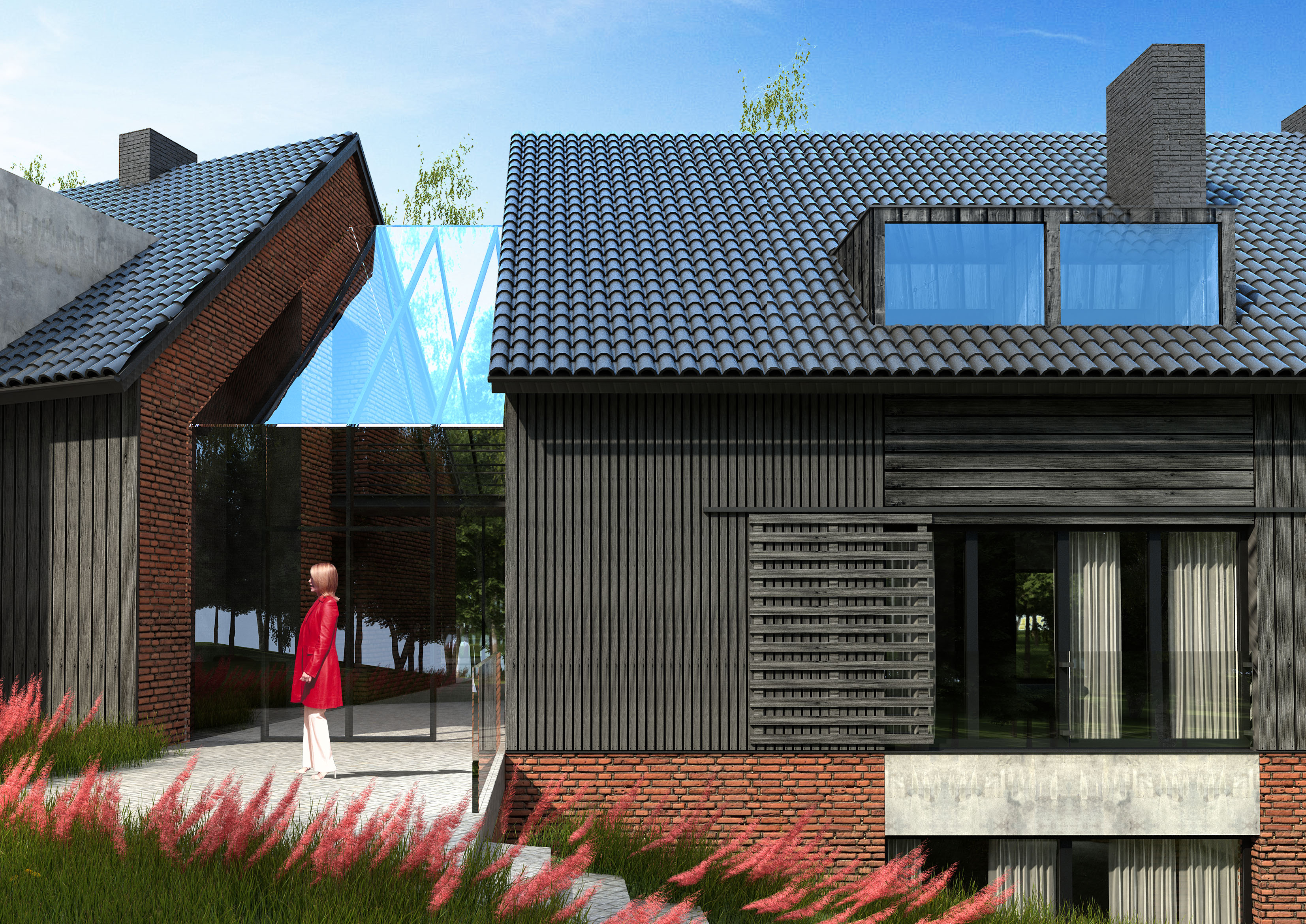 Projekt domu jednorodzinnego na skarpie – detal szklanego łącznika między bryłami z ciemną okładziną drewnianą i cegłą – indywidualny projekt domu BRJ-Studio
