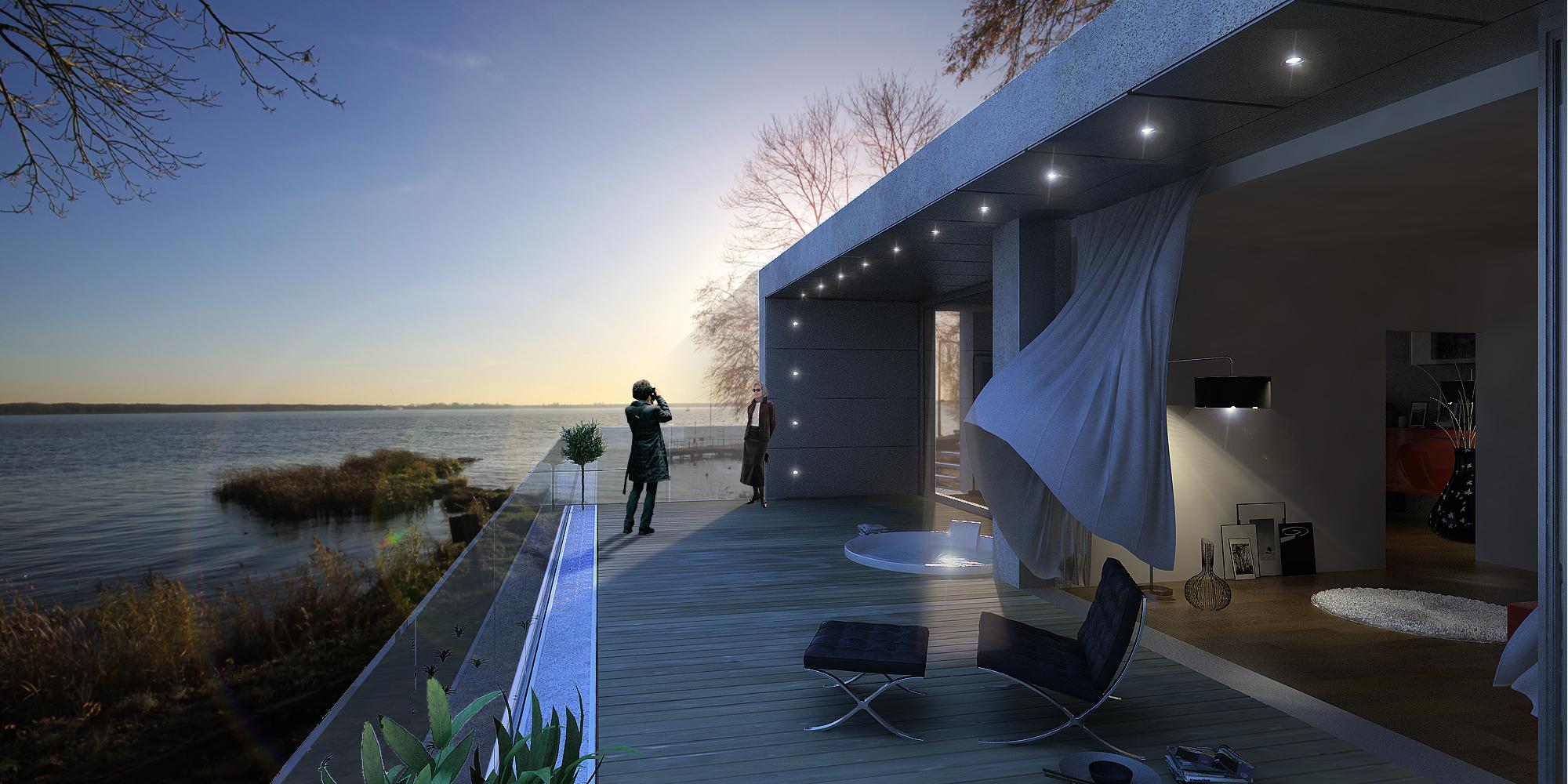 Projekt domu parterowego z panoramicznym tarasem i szklaną balustradą nad jeziorem – nowoczesny dom jednorodzinny BRJ-Studio z betonem architektonicznym i widokiem na wodę