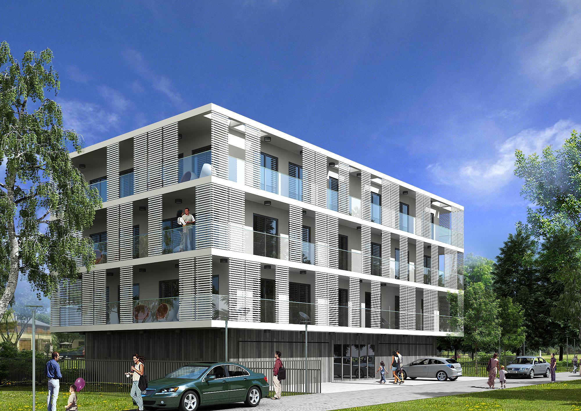 Budynek Tkany - projekt budynku wielorodzinnego w Radomiu z elewacją z poziomych lameli aluminiowych, BRJ-Studio