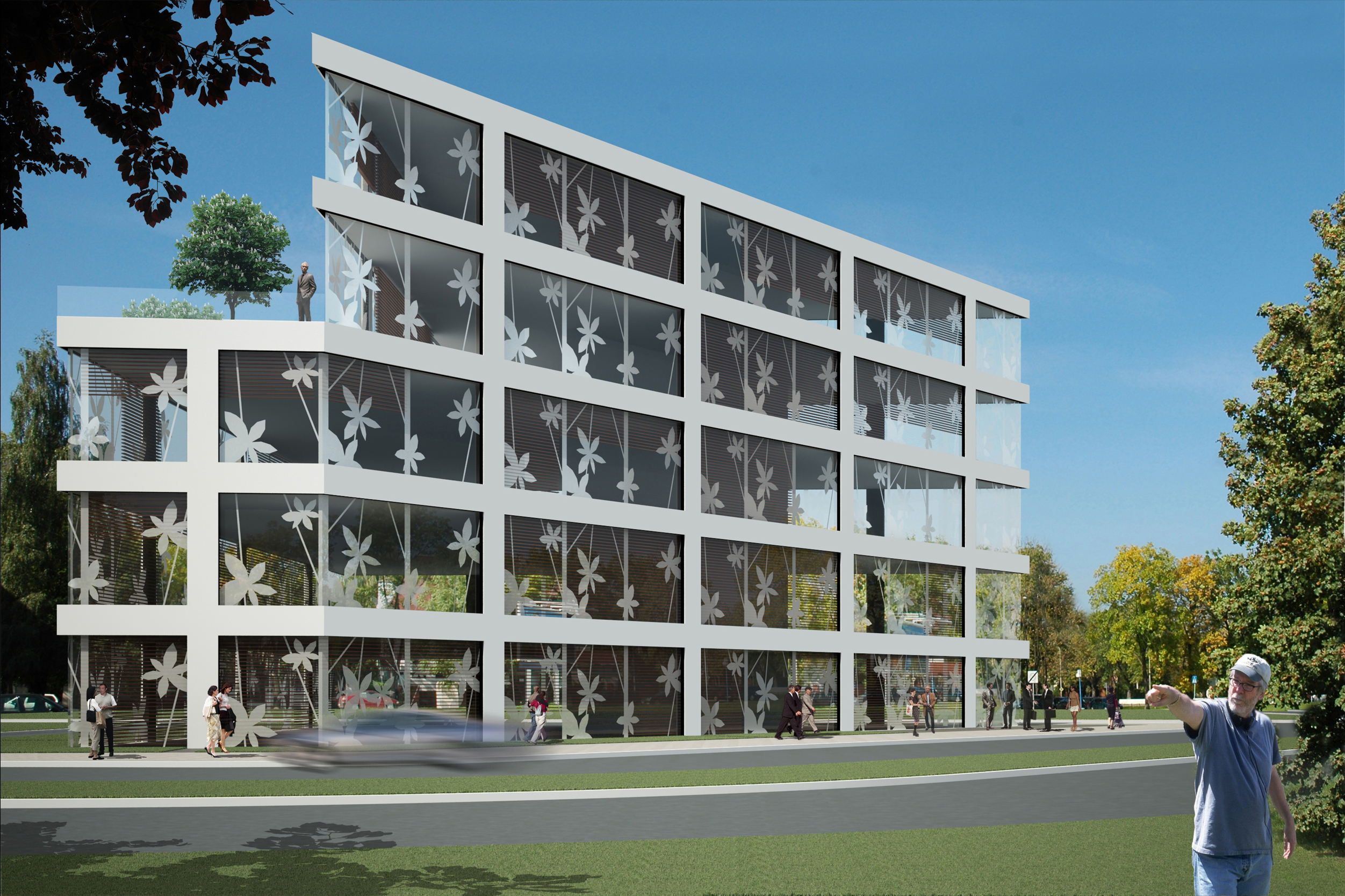 Indywidualny projekt budynku biurowego z pełnoprzeszkloną elewacją i graficznym nadrukiem na szkle - projekt budynku komercyjnego BRJ-Studio z tarasem na dachu i aktywnym parterem usługowym