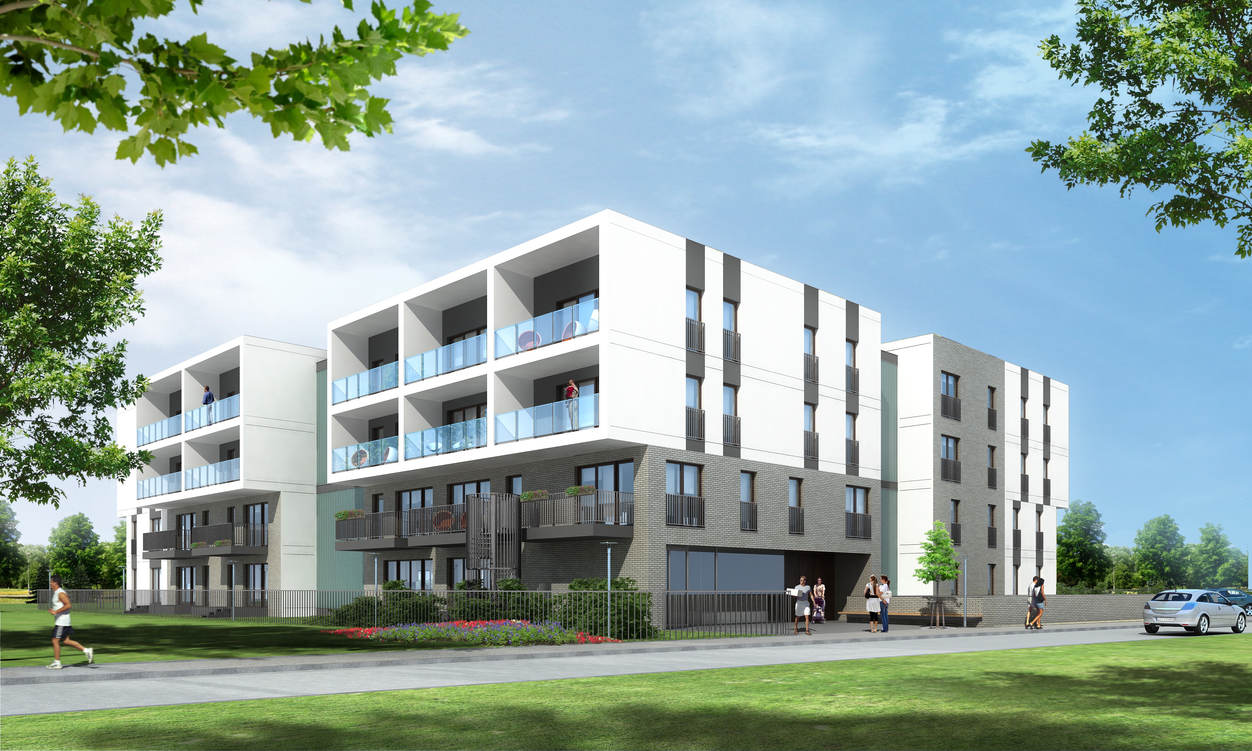 Indywidualny projekt budynku wielorodzinnego z białą bryłą górnych kondygnacji nad ceglanym parterem - projekt osiedla mieszkaniowego BRJ-Studio z balkonami i zagospodarowanym terenem zielonym