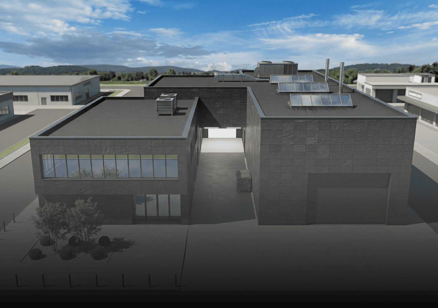 Model BIM kompleksu biurowo-przemysłowego - widok izometryczny z instalacjami technicznymi, modelowanie informacji o budynku BRJ-Studio