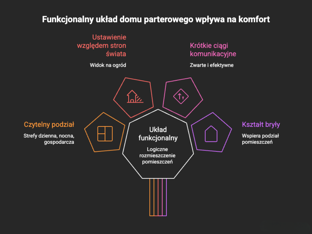 Funkcjonalny układ domu parterowego, schemat czterech czynników: czytelny podział na strefy, ustawienie względem stron świata, krótkie ciągi komunikacyjne i kształt bryły, BRJ-Studio