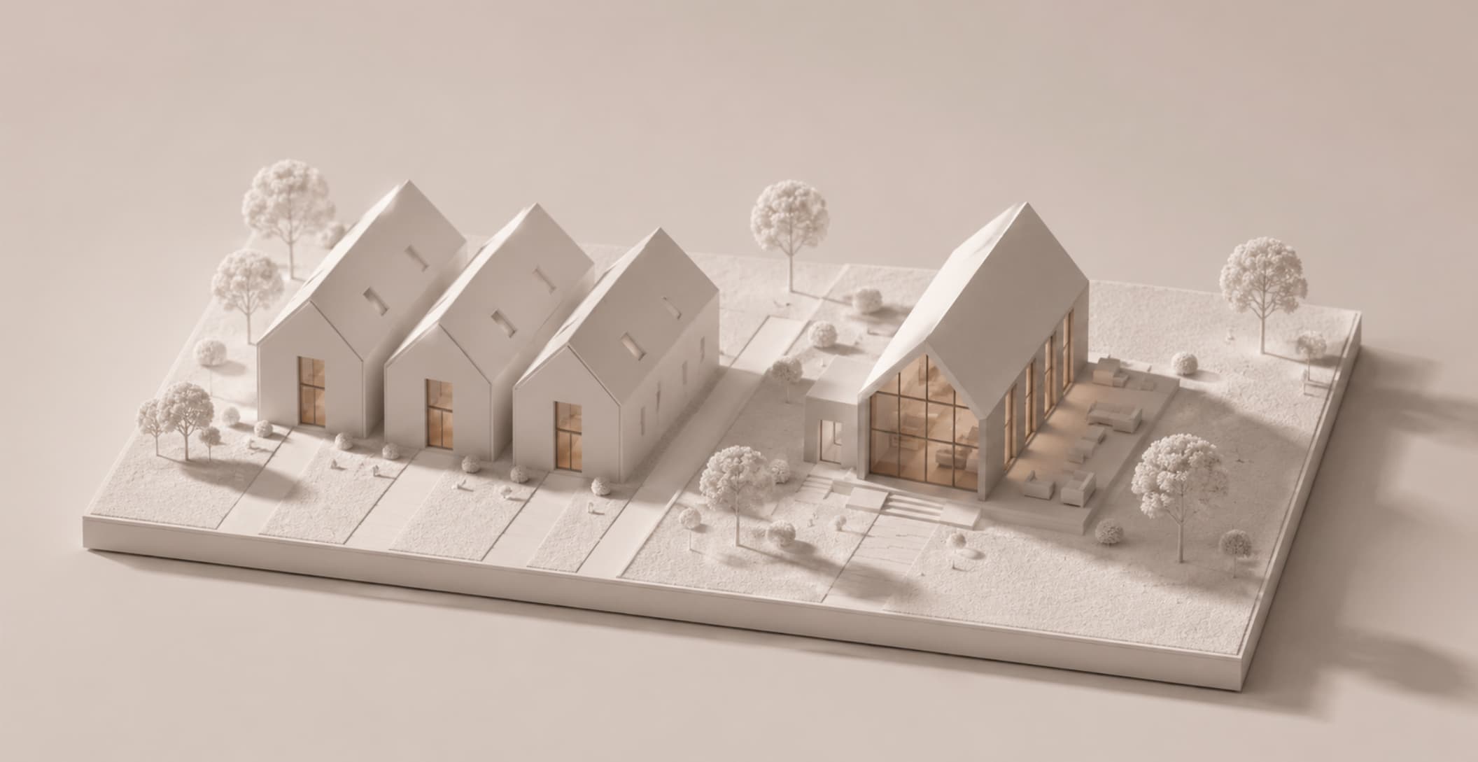 Makieta architektoniczna porównująca rząd powtarzalnych stodół z projektu gotowego z jedną stodołą z projektu indywidualnego, BRJ-Studio