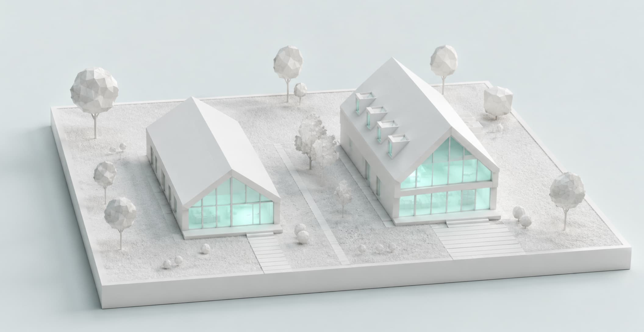 Makieta architektoniczna dwóch wariantów nowoczesnej stodoły, parterowej i z poddaszem, akcent błękitny, BRJ-Studio