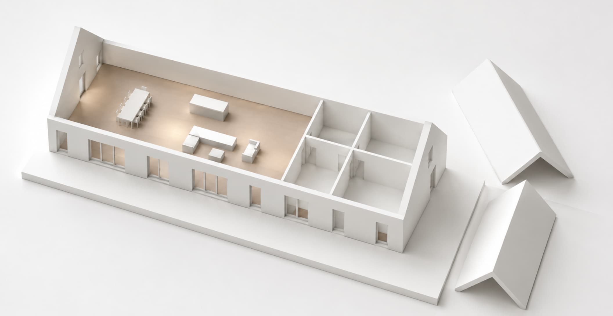 Makieta architektoniczna wnętrza nowoczesnej stodoły z otwartą strefą dzienną i wydzieloną strefą nocną, BRJ-Studio