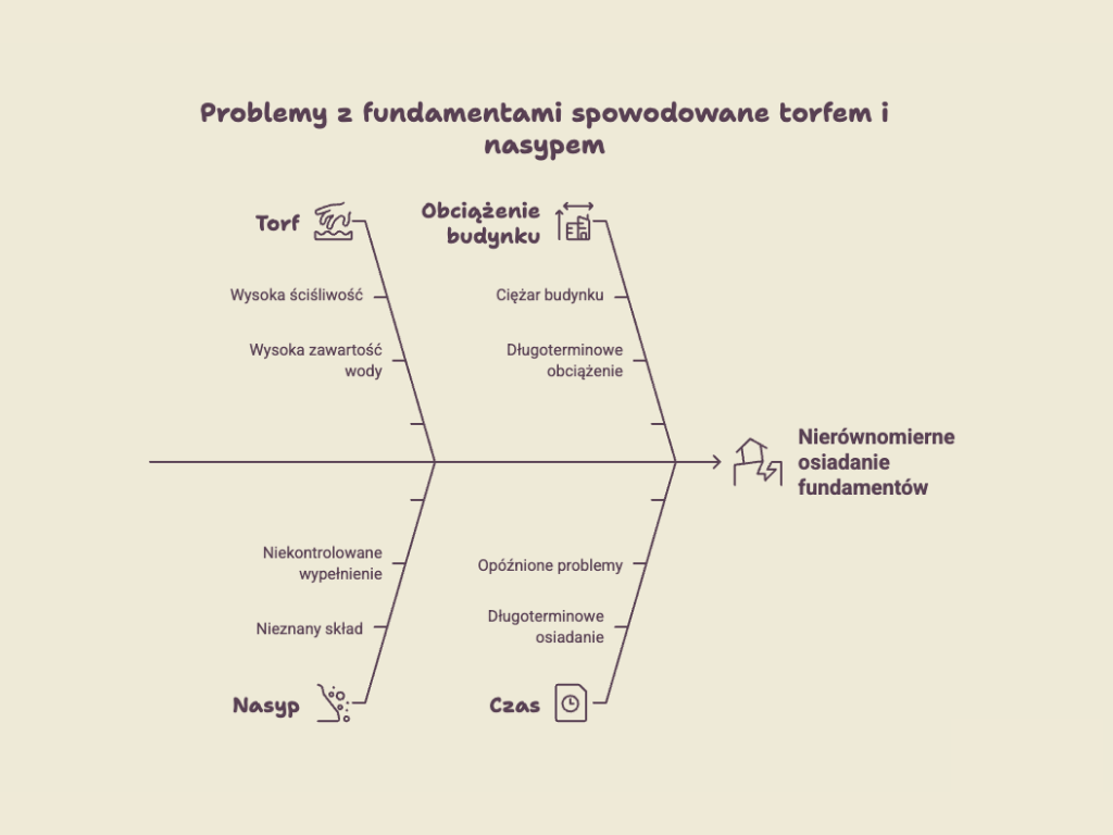Diagram przyczyn nierównomiernego osiadania fundamentów na torfie i nasypie - ściśliwość, woda, obciążenie budynku i czas, BRJ-Studio