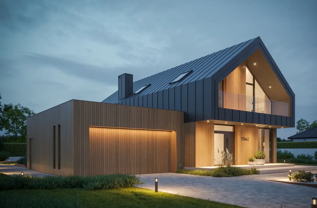 Dom NewHouse 759 w2 od strony podjazdu, garaż dwustanowiskowy z drewnianą bramą oraz okna połaciowe w dachu