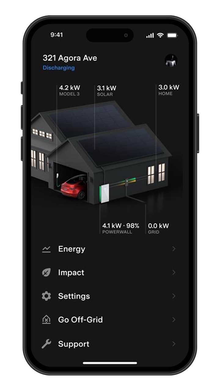 Tesla-app met Powerwall 3 en zonnepanelen