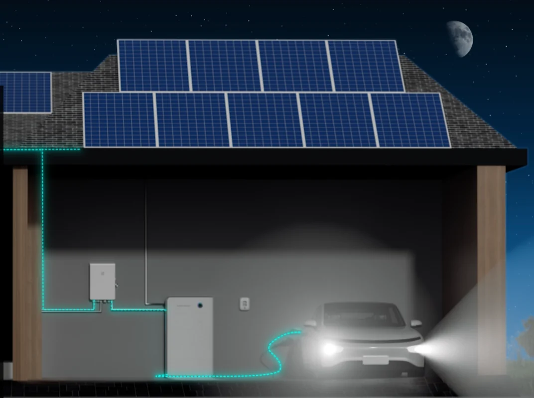 Elektrische auto laadt in de garage aan een SigenStor met DC-laadmodule
