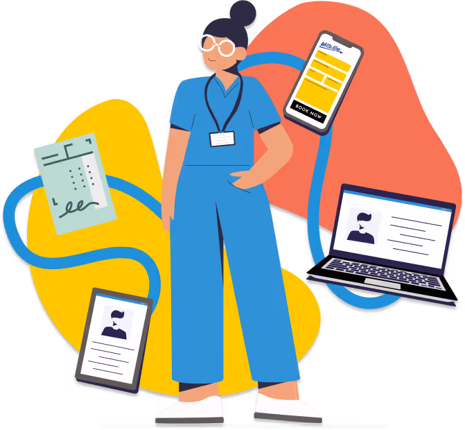 Clinician with illustration of laptop, phone and UI elements