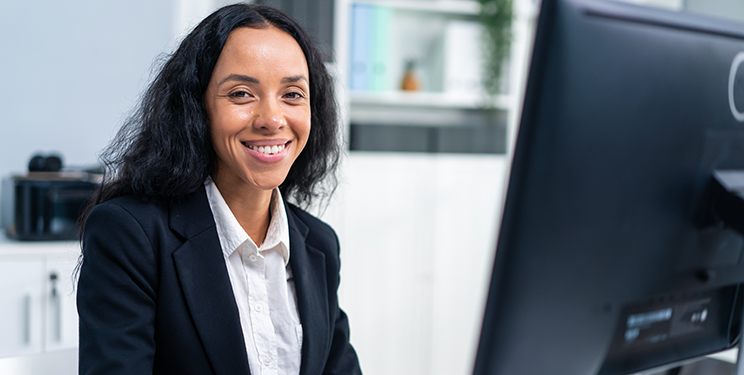 Happy woman processing claims