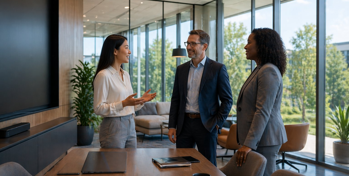 Healthcare operations team reviewing revenue cycle performance dashboards in a modern health system command center.