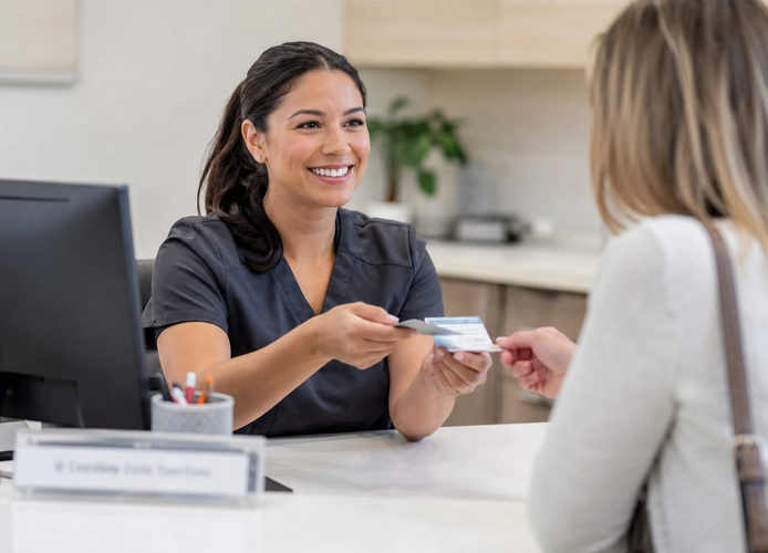 Friendly healthcare front desk coordinator reviewing a patient’s insurance card during check-in at a modern medical office reception desk.