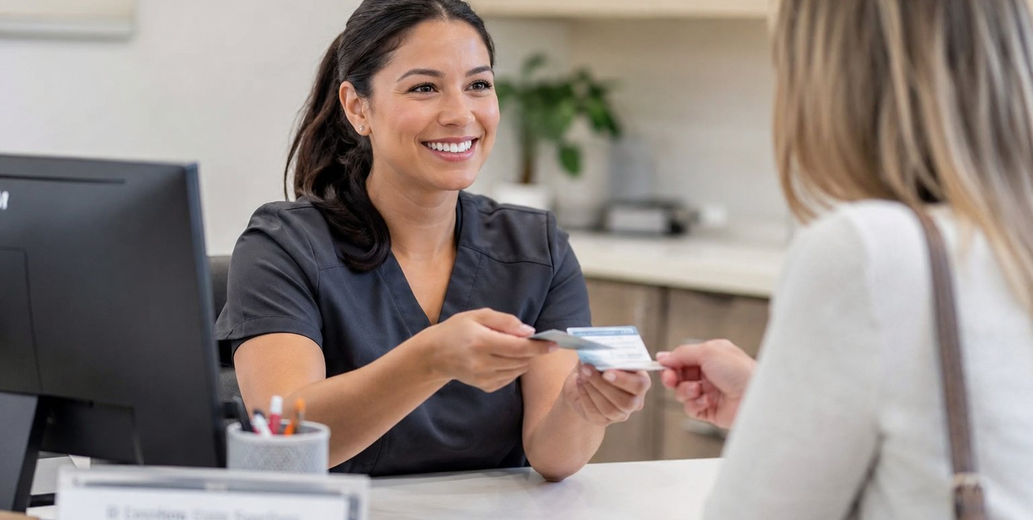 Friendly healthcare front desk coordinator reviewing a patient’s insurance card during check-in at a modern medical office reception desk.