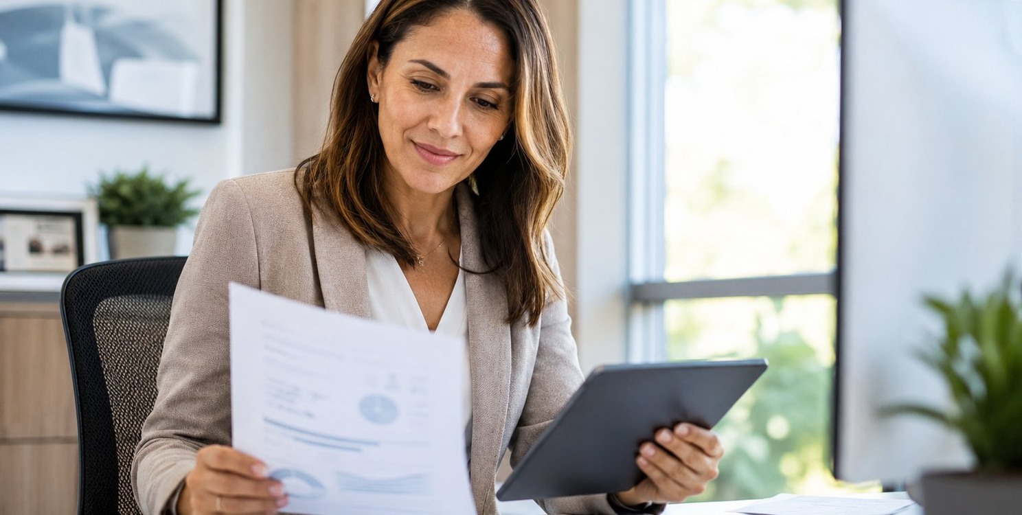 Healthcare administrator reviewing reports at modern office desk