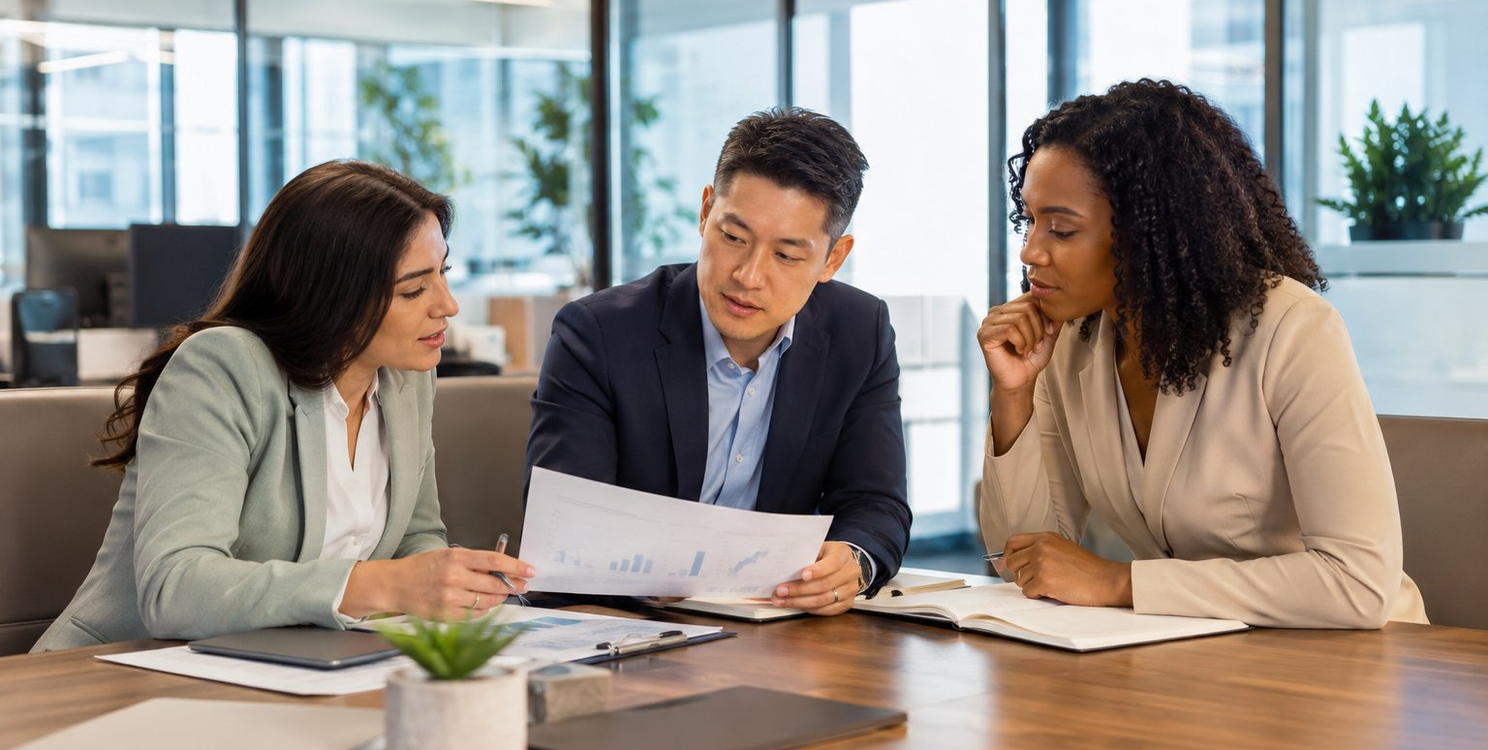 Healthcare revenue cycle management team reviewing financial reports during a strategic meeting in a modern hospital administration office.