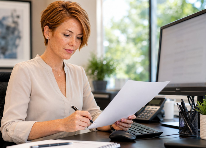 Healthcare billing professional reviewing remittance advice documents to resolve claim adjustment codes CO-45 and N782 in a medical office setting.