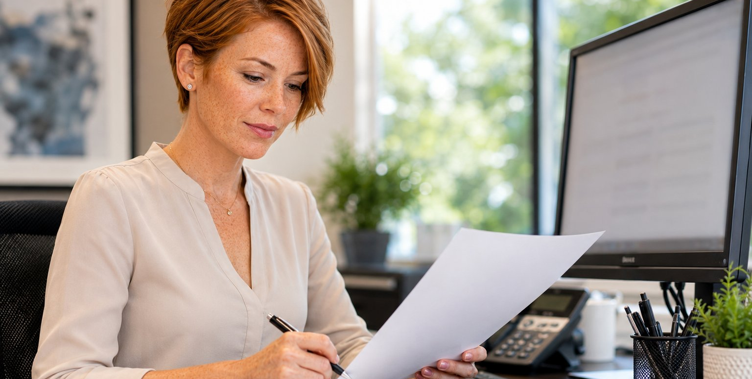 Healthcare billing professional reviewing remittance advice documents to resolve claim adjustment codes CO-45 and N782 in a medical office setting. 