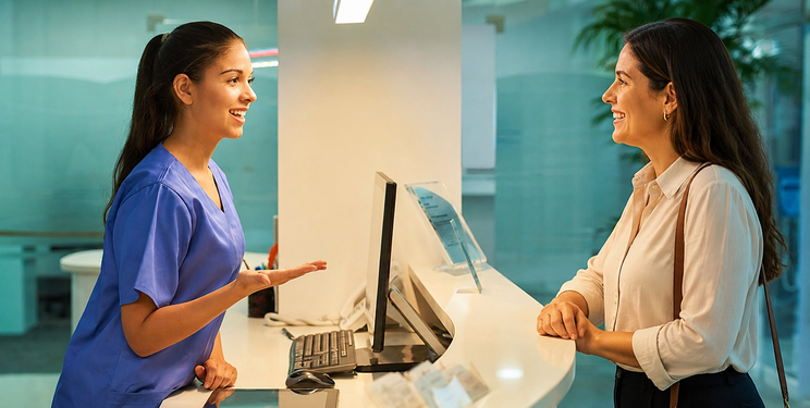 Healthcare receptionist assisting a patient at the front desk