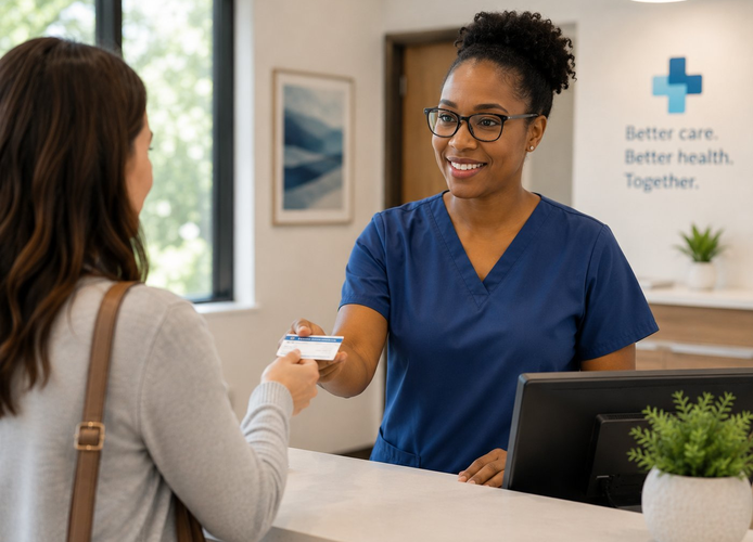 Healthcare administrator reviewing patient account information on a laptop