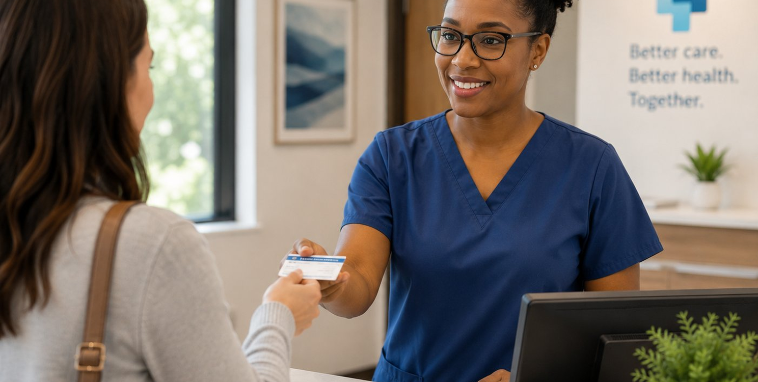 A healthcare provider in blue scrubs smiles while accepting an insurance card from a patient at a medical office front desk.