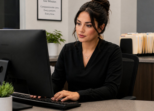 Patient billing specialist working at a computer at a healthcare front desk