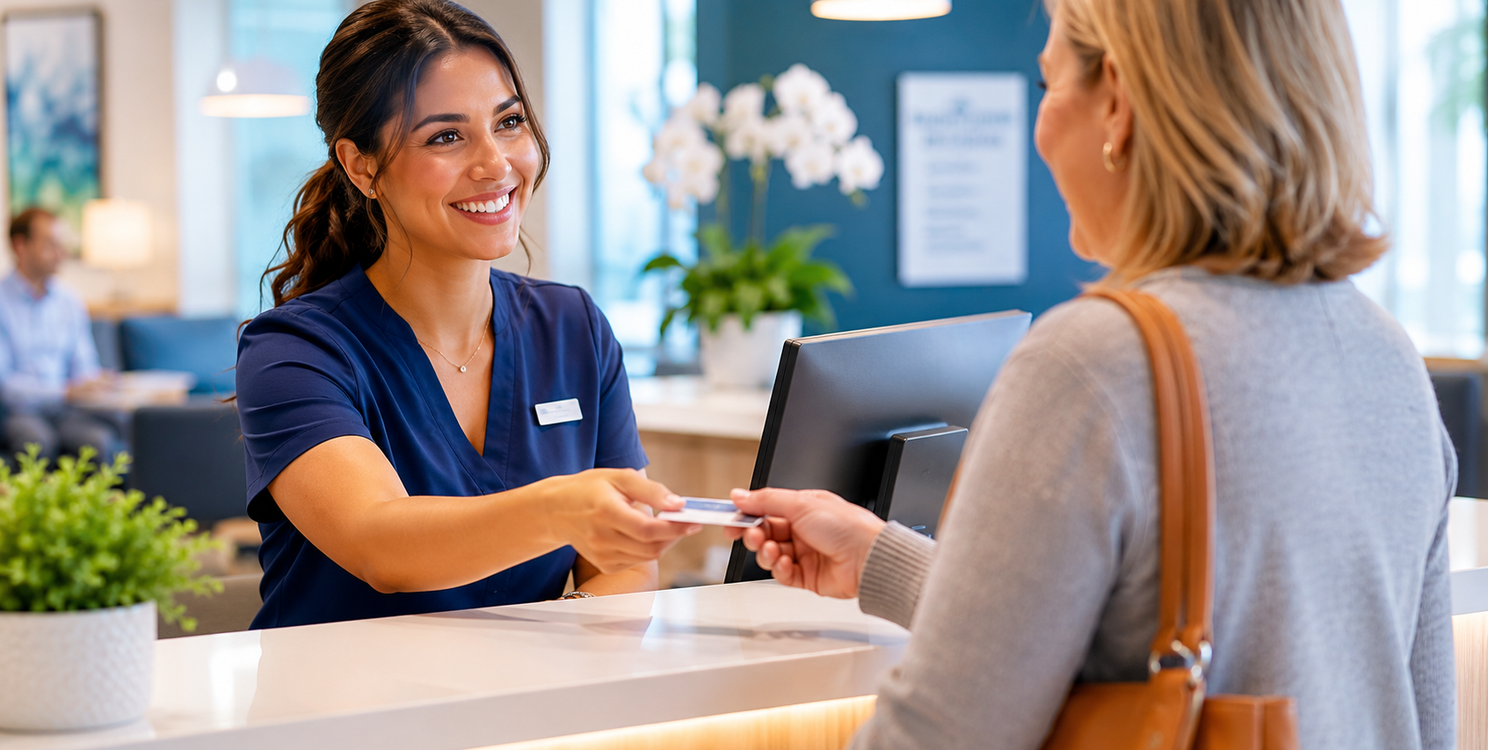 Healthcare front desk staff member helping a patient check in at a medical practice