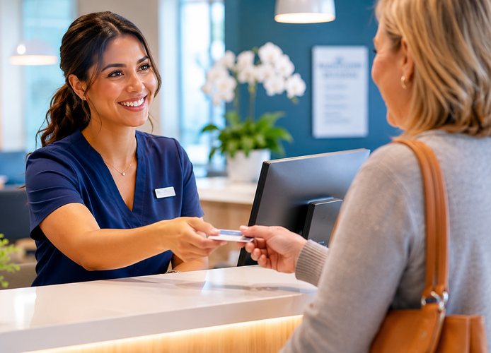 Healthcare front desk staff member helping a patient check in at a medical practice