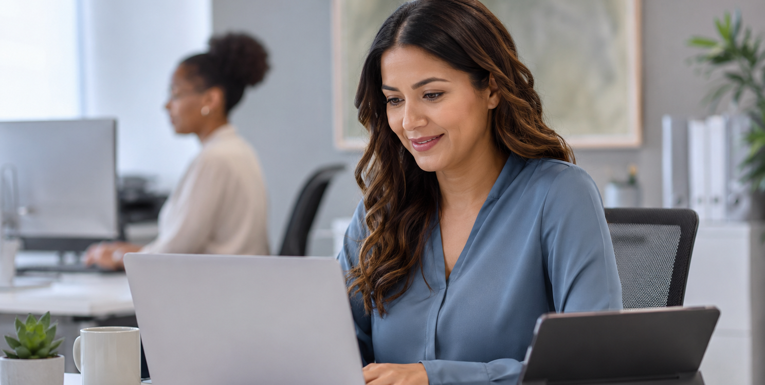 Healthcare billing specialist reviewing claim submission status on a laptop in a modern medical office