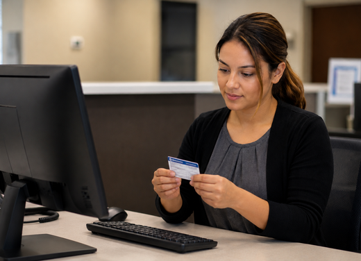 Front desk staff reviewing a patient insurance card to verify service location information before claim submission