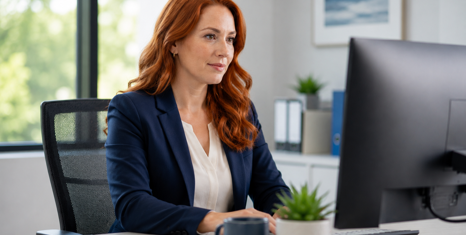Healthcare billing professional reviewing eligibility verification data at a modern, paperless workstation