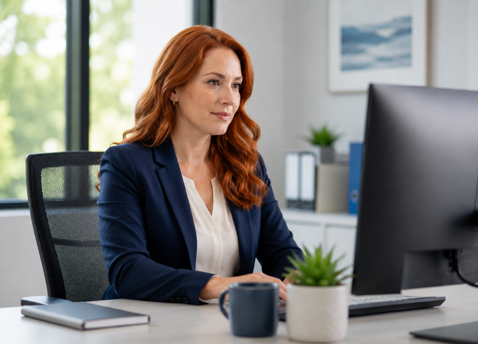 Healthcare billing professional reviewing eligibility verification data at a modern, paperless workstation