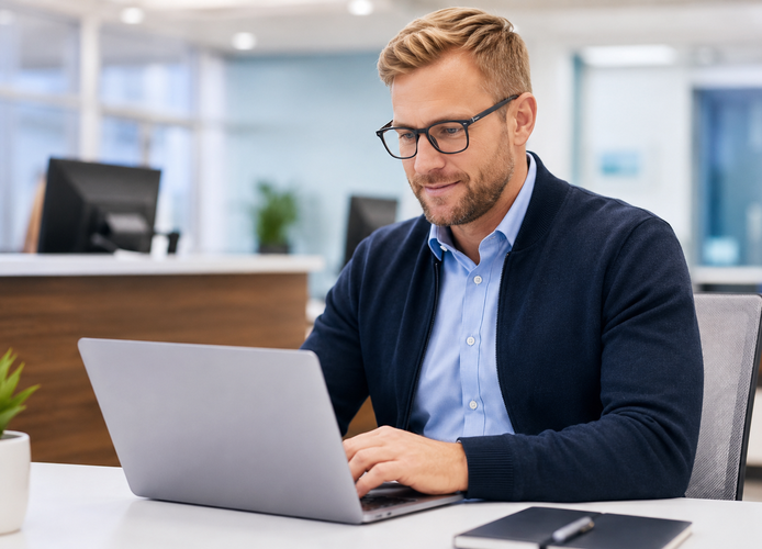 Revenue cycle specialist reviewing real-time insurance eligibility verification results on a laptop in a modern healthcare front office