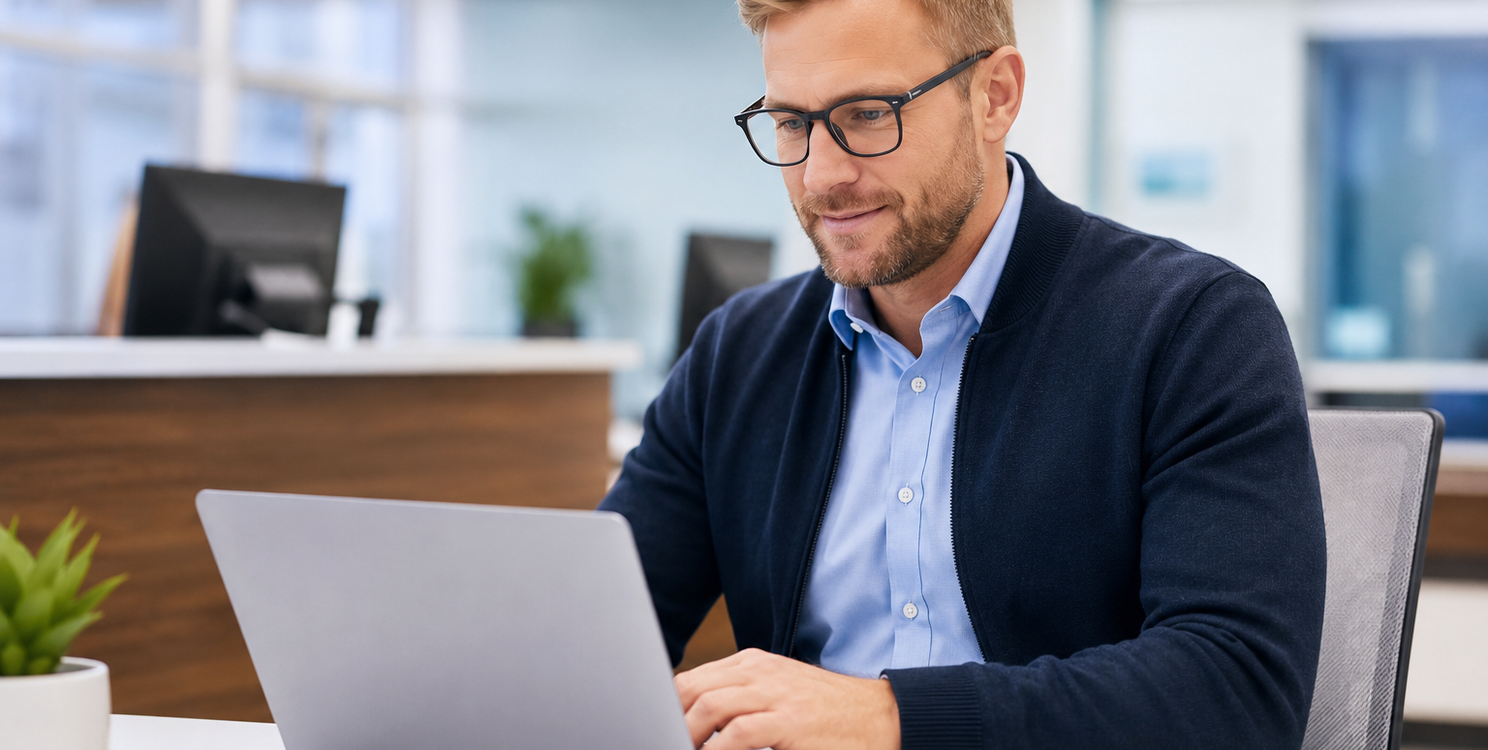 Revenue cycle specialist reviewing real-time insurance eligibility verification results on a laptop in a modern healthcare front office