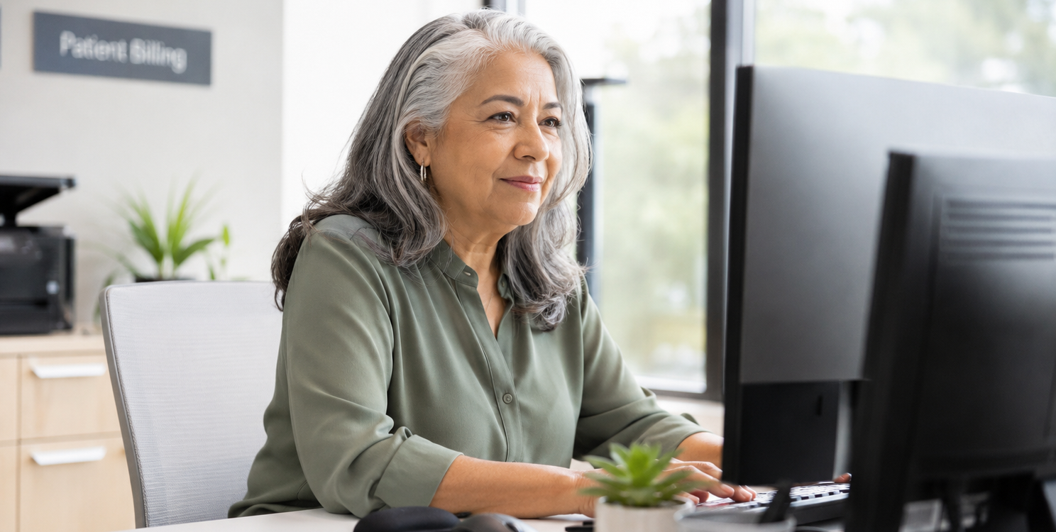 Healthcare billing professional reviewing claim data on a digital workstation in a modern medical office