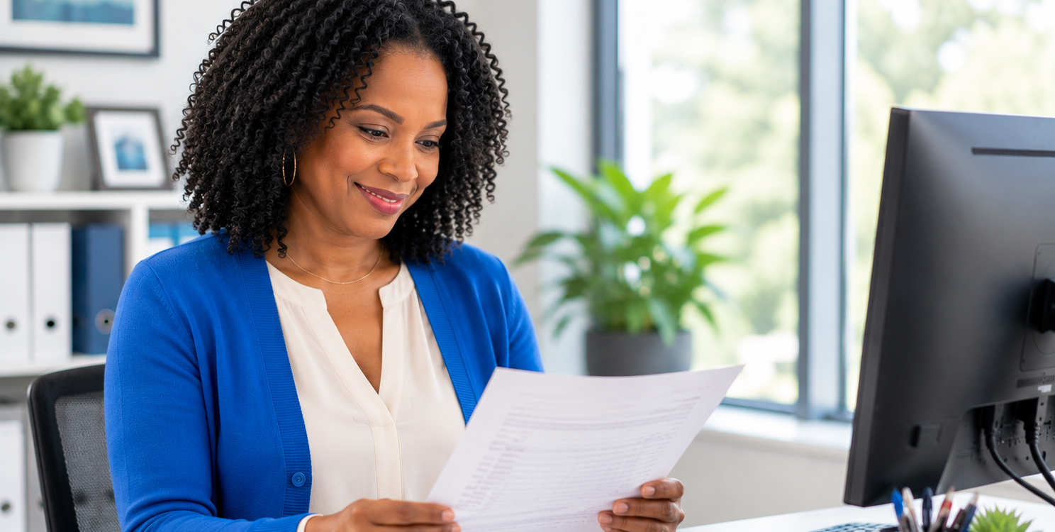 Billing professional reviewing claim information at a desk in a healthcare office