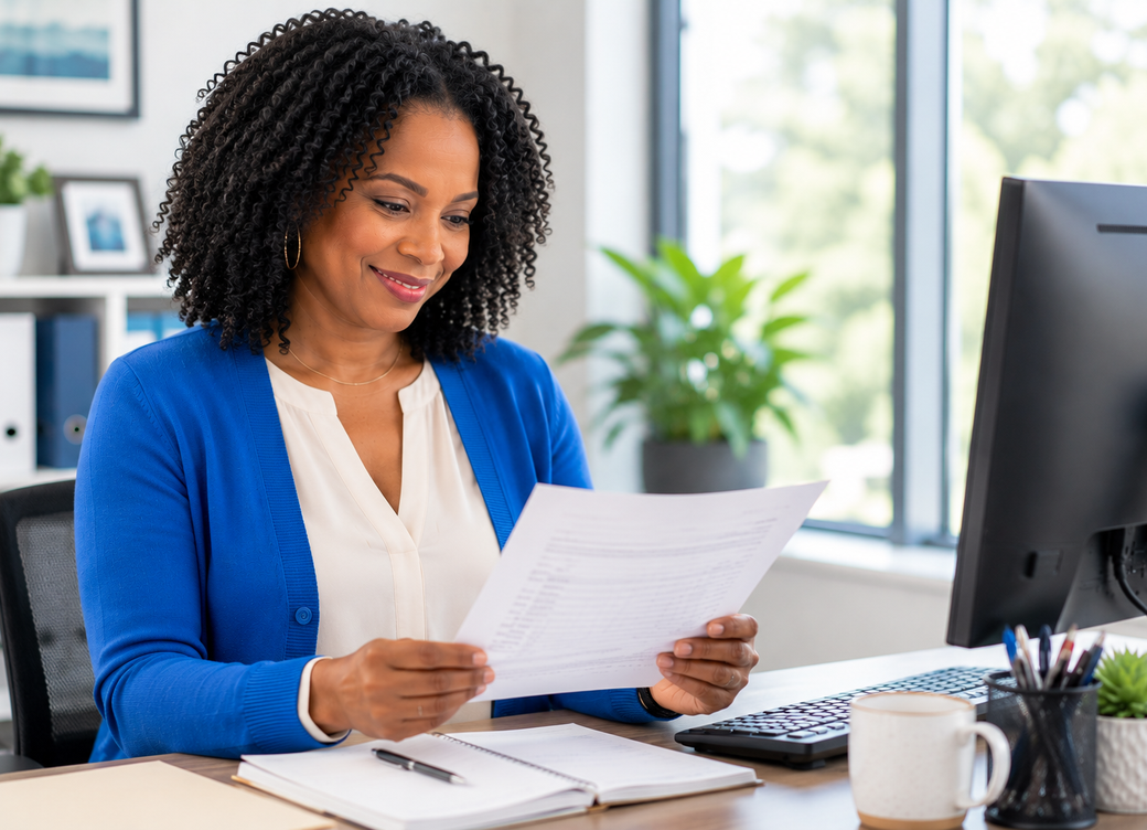 Billing professional reviewing claim information at a desk in a healthcare office
